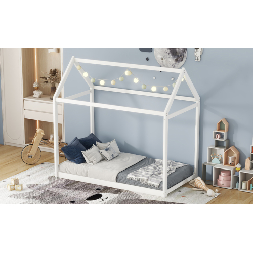 Twin Size Wooden House Bed, White、、casual