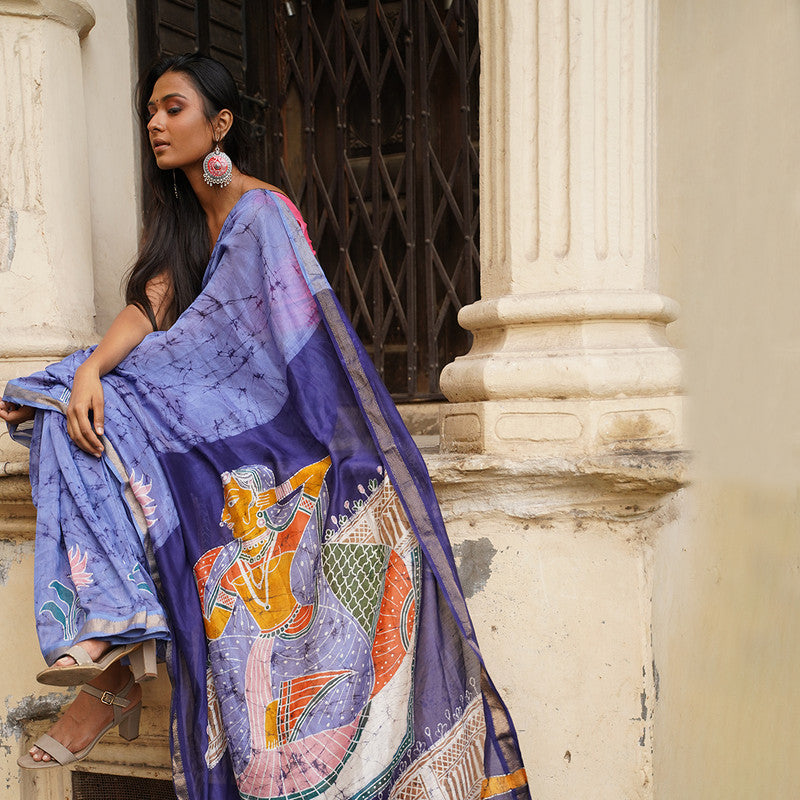 Maheshwari Cotton Silk Saree | Batik Print | Blue、mySite、camillekostekn