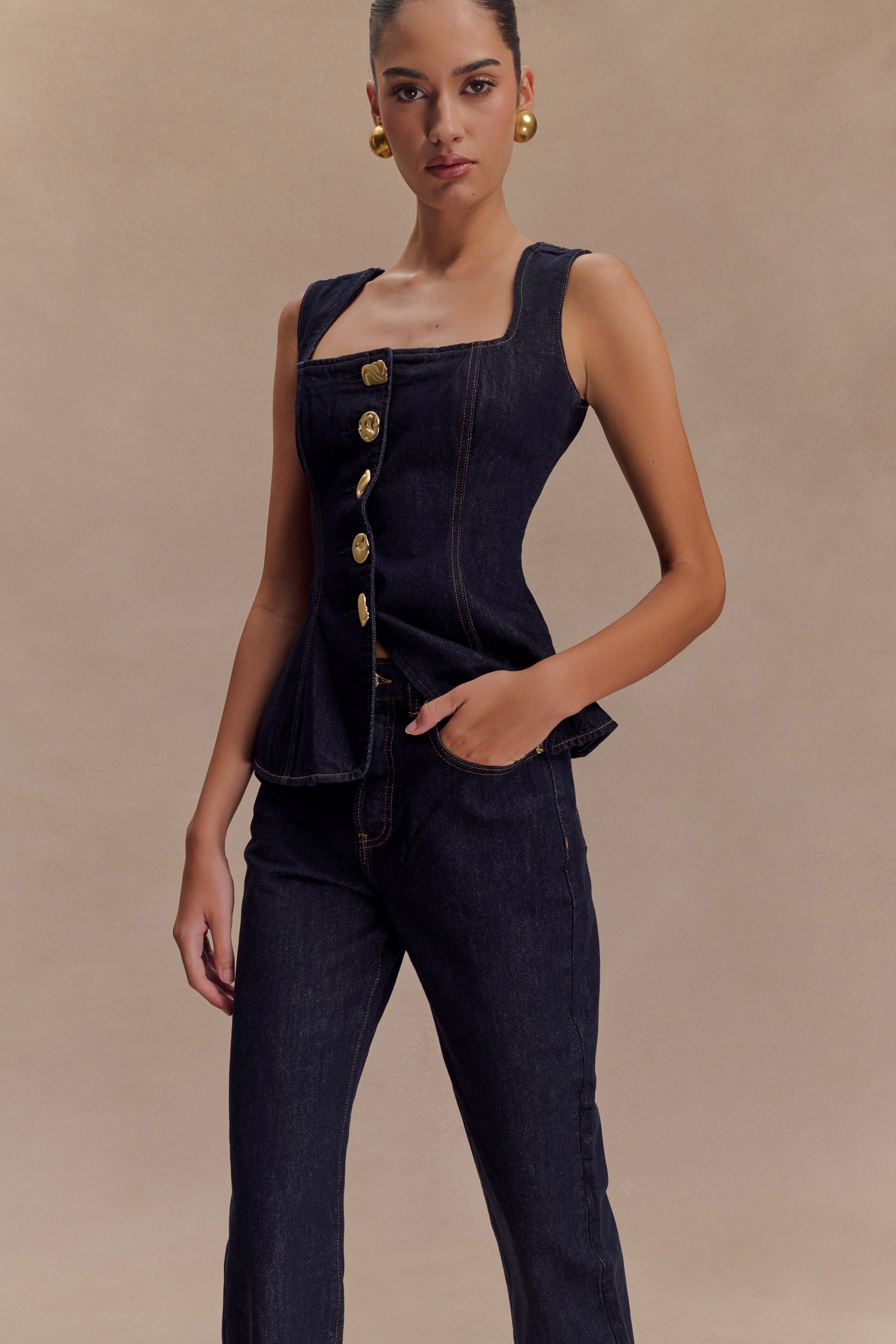 Neve Sleeveless Buttoned Denim Top - Washed Indigo Blue、mySite、solidvoid