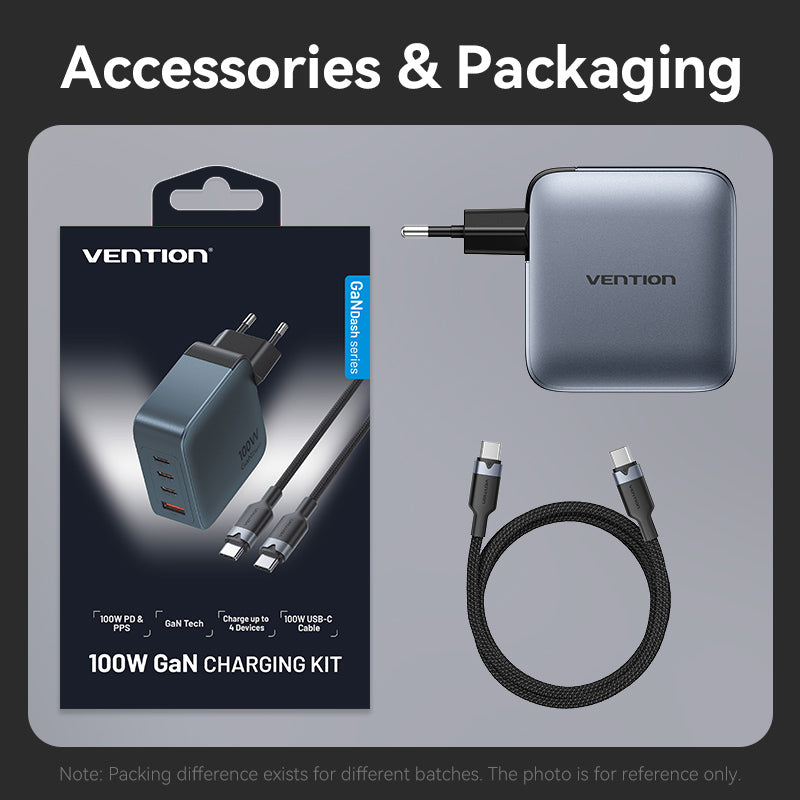 Vention 4-Port USB (C + C + A + A) GaN Charger (100W/100W/30W/30W) Gray with USB-C to USB-C Cable (1M) Black EU-Plug、mySite、fannypackpong