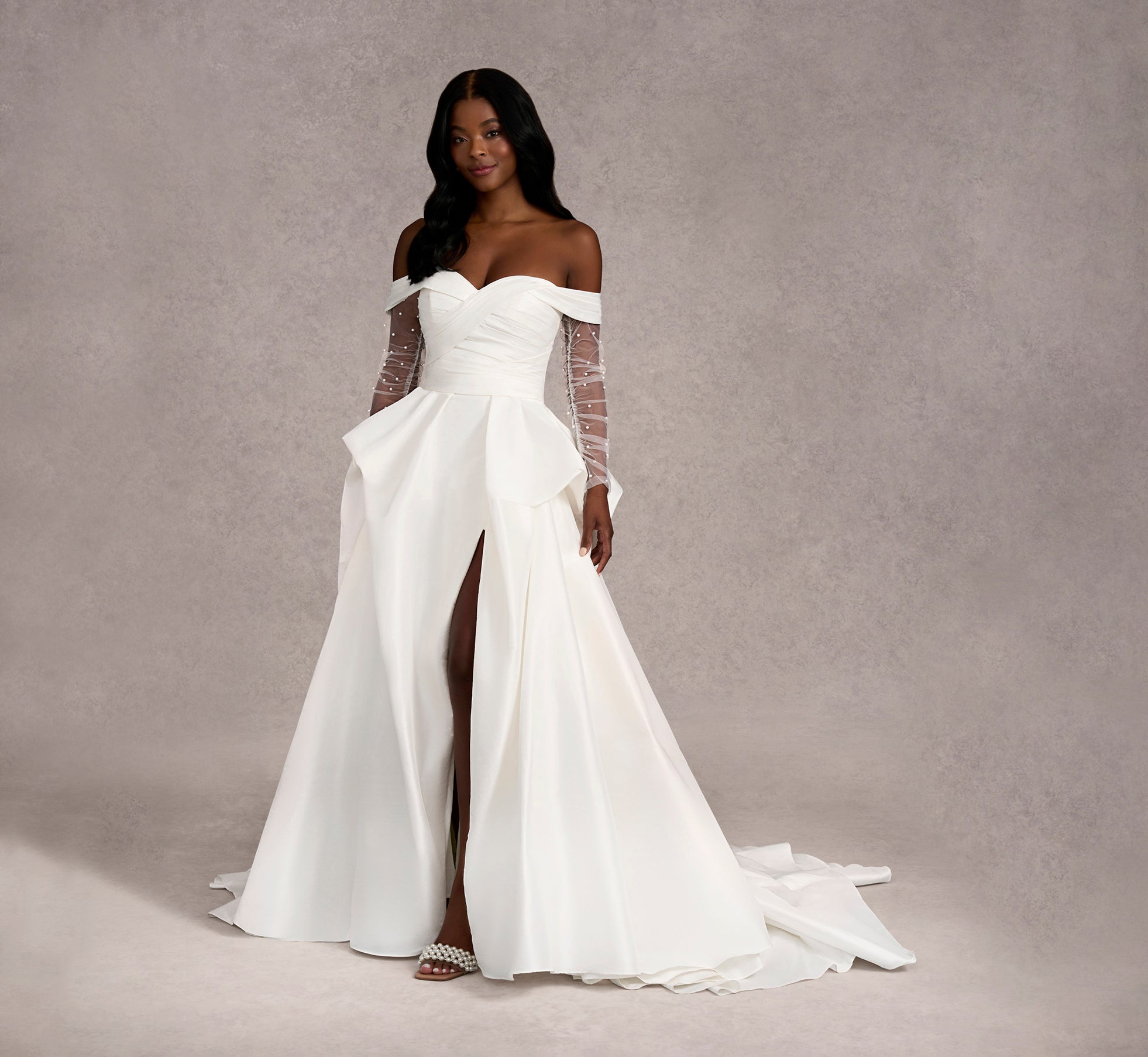 Off-The-Shoulder Draped Bodice A-Line Taffeta Gown In Ivory/Ivory In Ivory Ivory、mySite、solidvoid