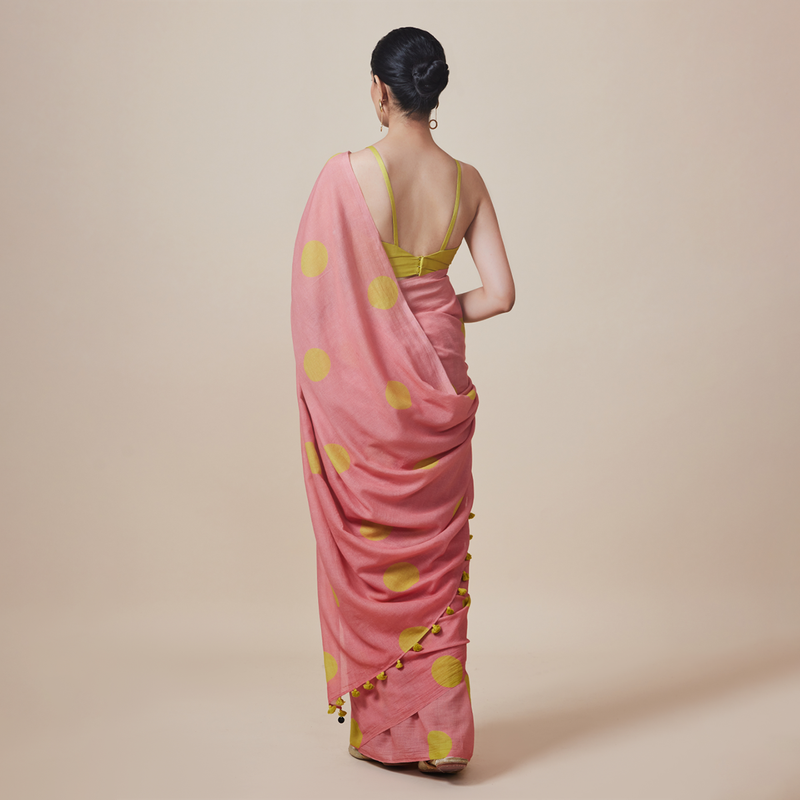 Cotton Solid Saree with Blouse | Polka Dots | Pink & Lime yellow、mySite、camillekostekn