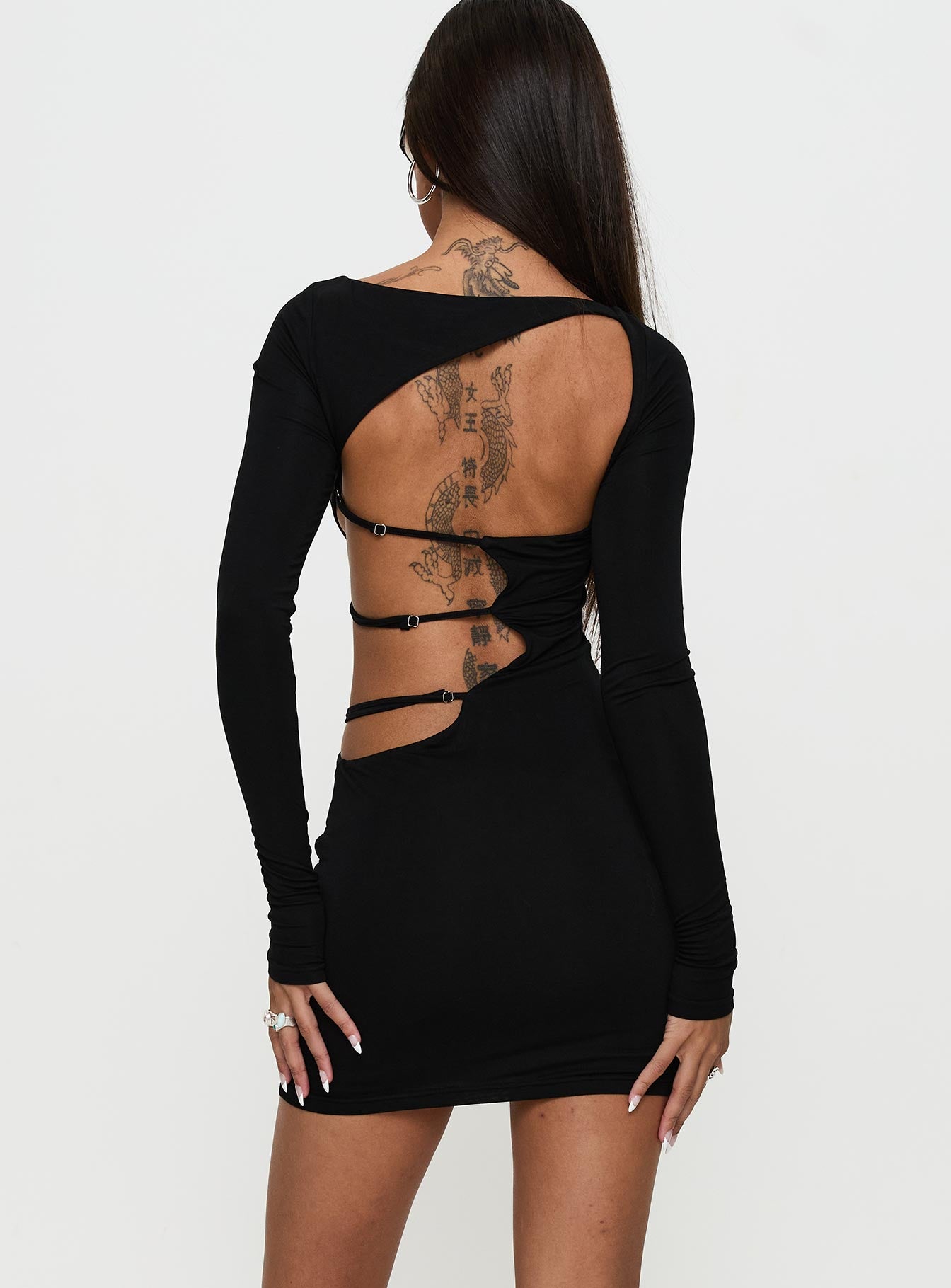 Rowin Long Sleeve Cut Out Mini Dress Black、mySite、solidvoid