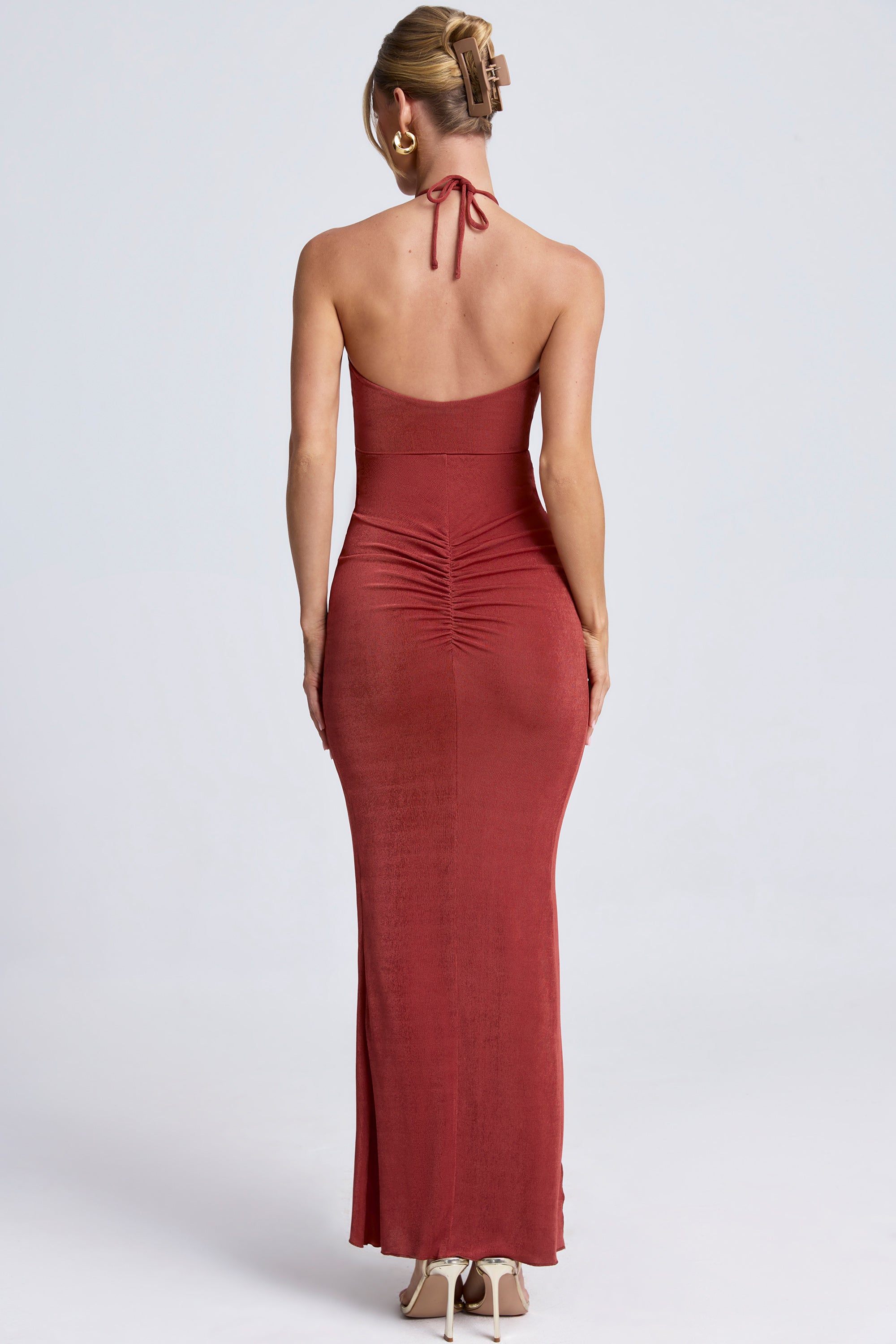 Hardware Detail Cut-Out Halterneck Maxi Dress in Auburn Brown、mySite、solidvoid