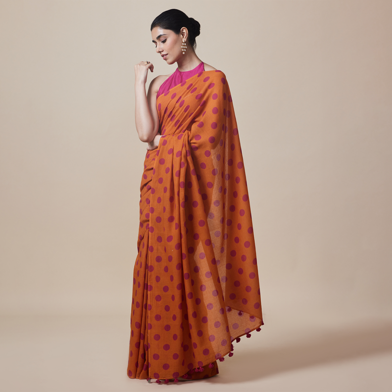 Linen Solid Saree with Blouse | Polka Dots | Orange、mySite、camillekostekn