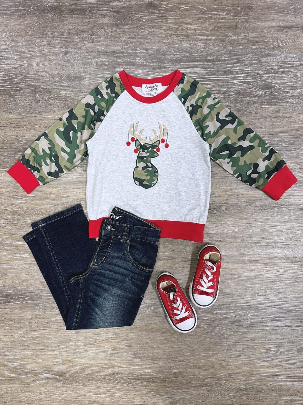 Jingle Deer Boys Camo Raglan Pullover Top、mySite、camillekostekn