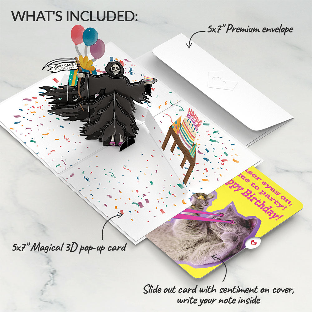 Grim Reaper Dark Humor Birthday with Cat Laser Eyes Pop-Up Card and Sentiment Set、mySite、solidvoid