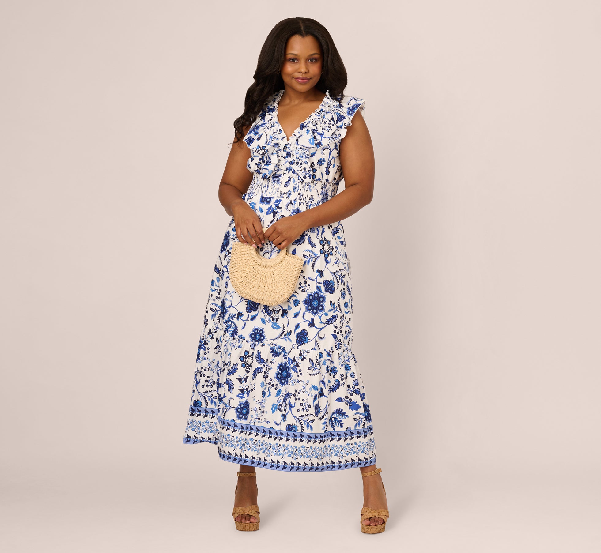 Plus Size Sleeveless Ruffle Collar Printed Midi Dress In White Blue Multi、mySite、solidvoid
