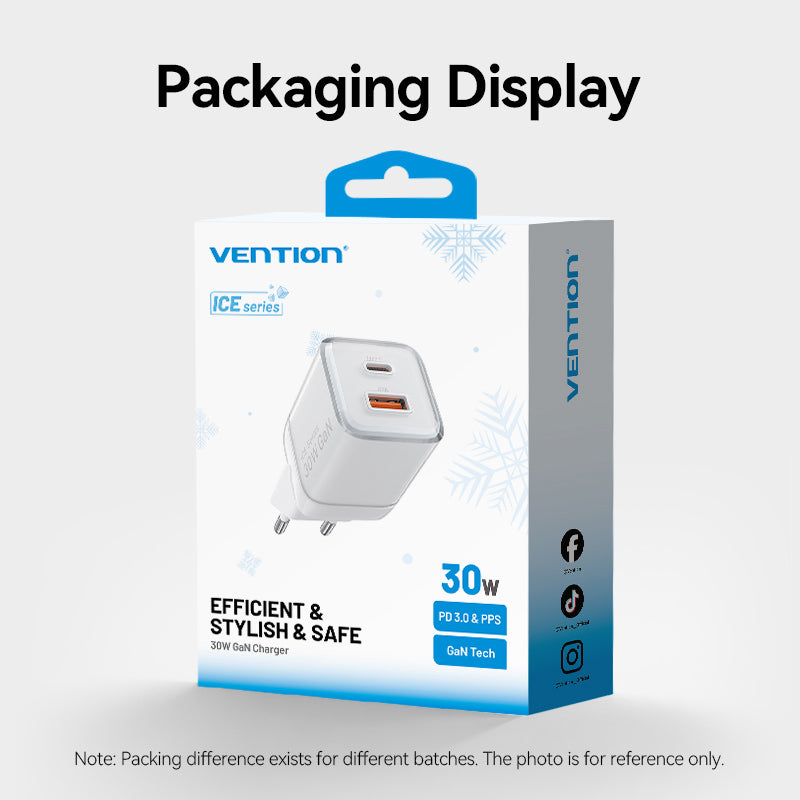 Vention 2-Port USB (C + A) GaN Charger (30W/30W) EU-Plug、mySite、fannypackpong