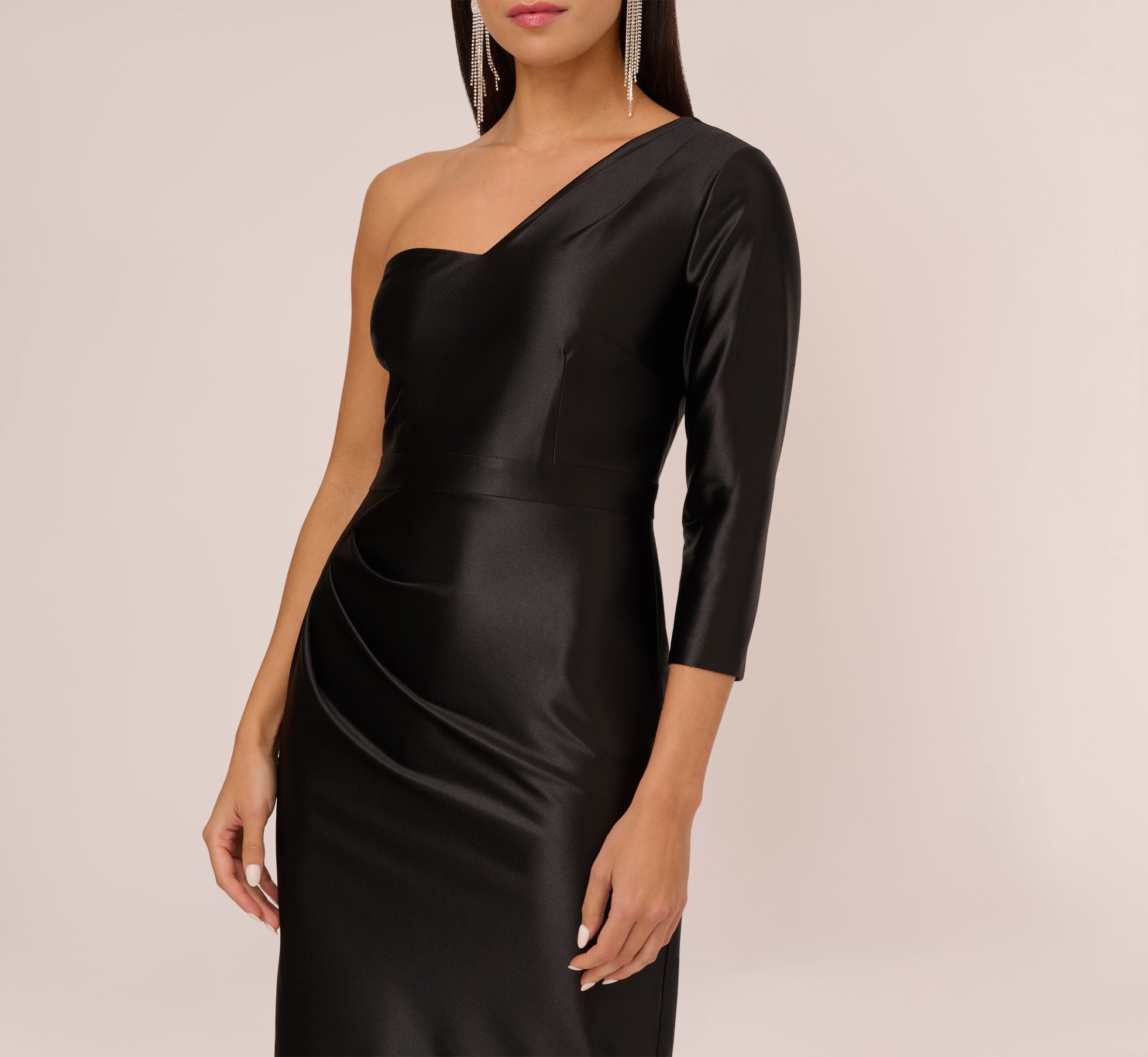 One Shoulder Satin Midi Dress With Three-Quarter Sleeve In Black、mySite、solidvoid