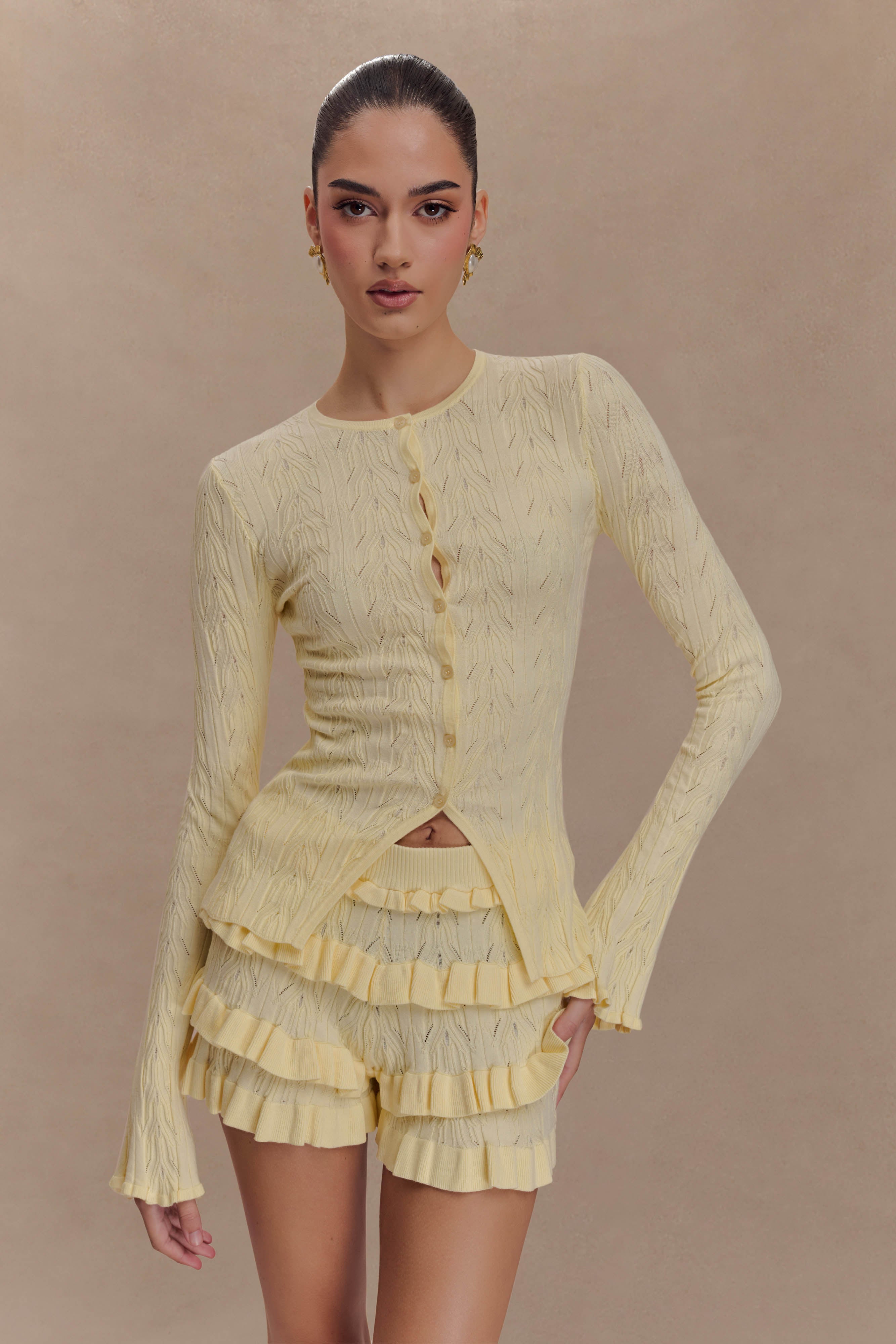 Amy Pointelle Bell Sleeve Cardigan - Lemon、mySite、solidvoid