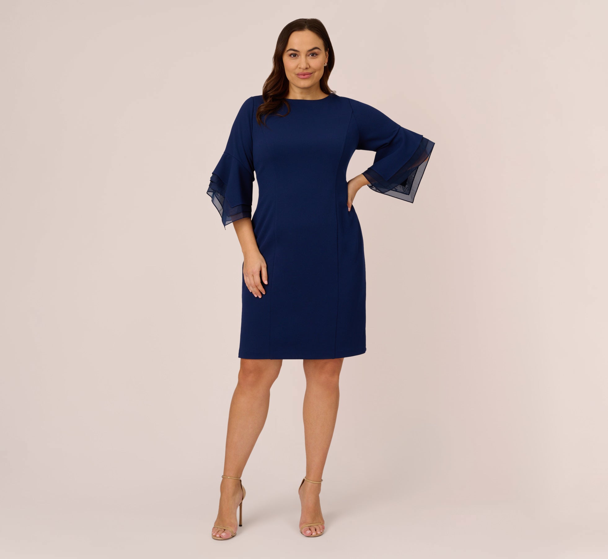 Plus Size Knit Crepe Sheath Dress With Tiered Three Quarter Sleeves In Navy Sateen、mySite、solidvoid