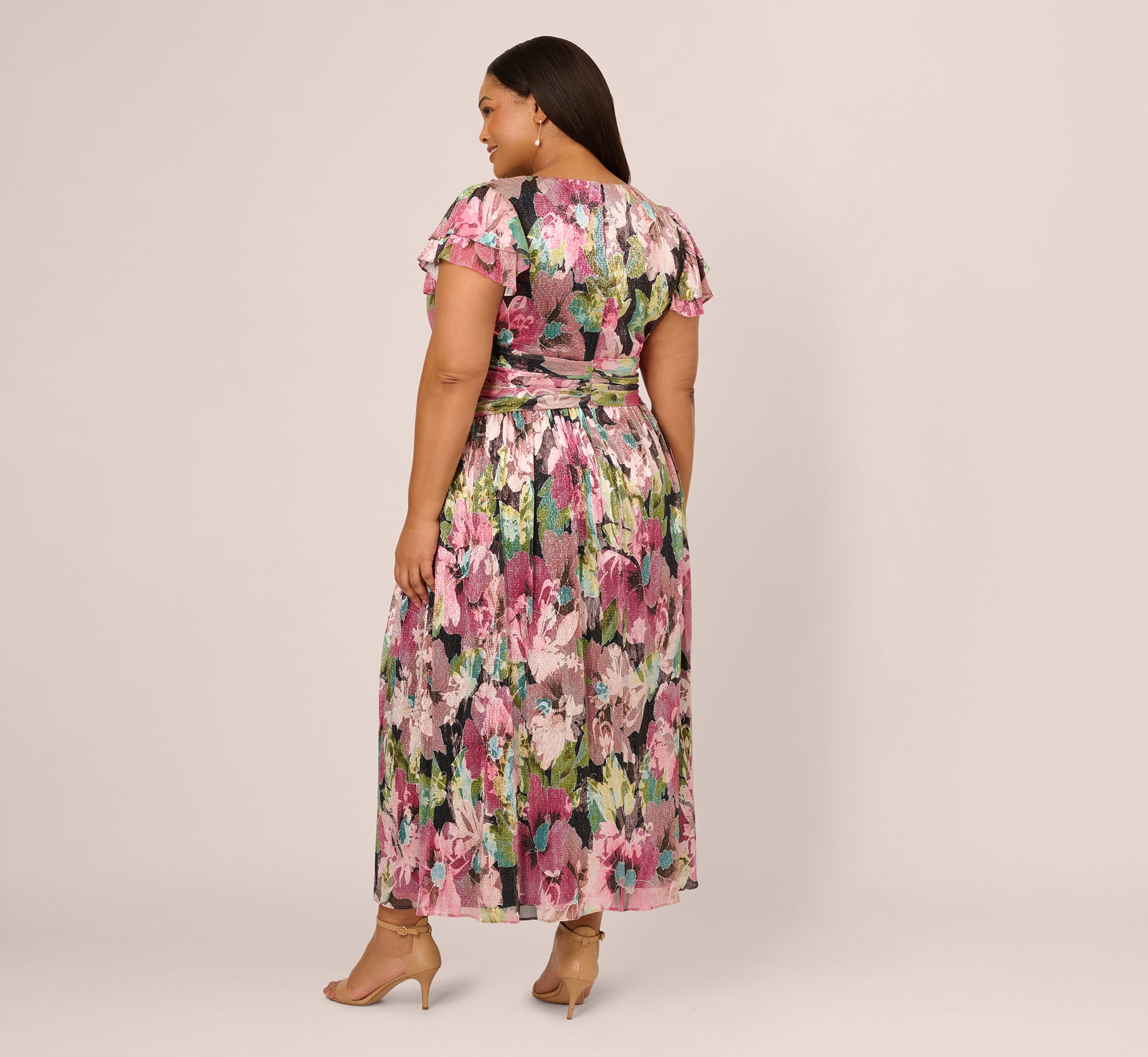 Plus Size Flutter Sleeve Metallic Floral Gown In Navy Pink Multi、mySite、solidvoid