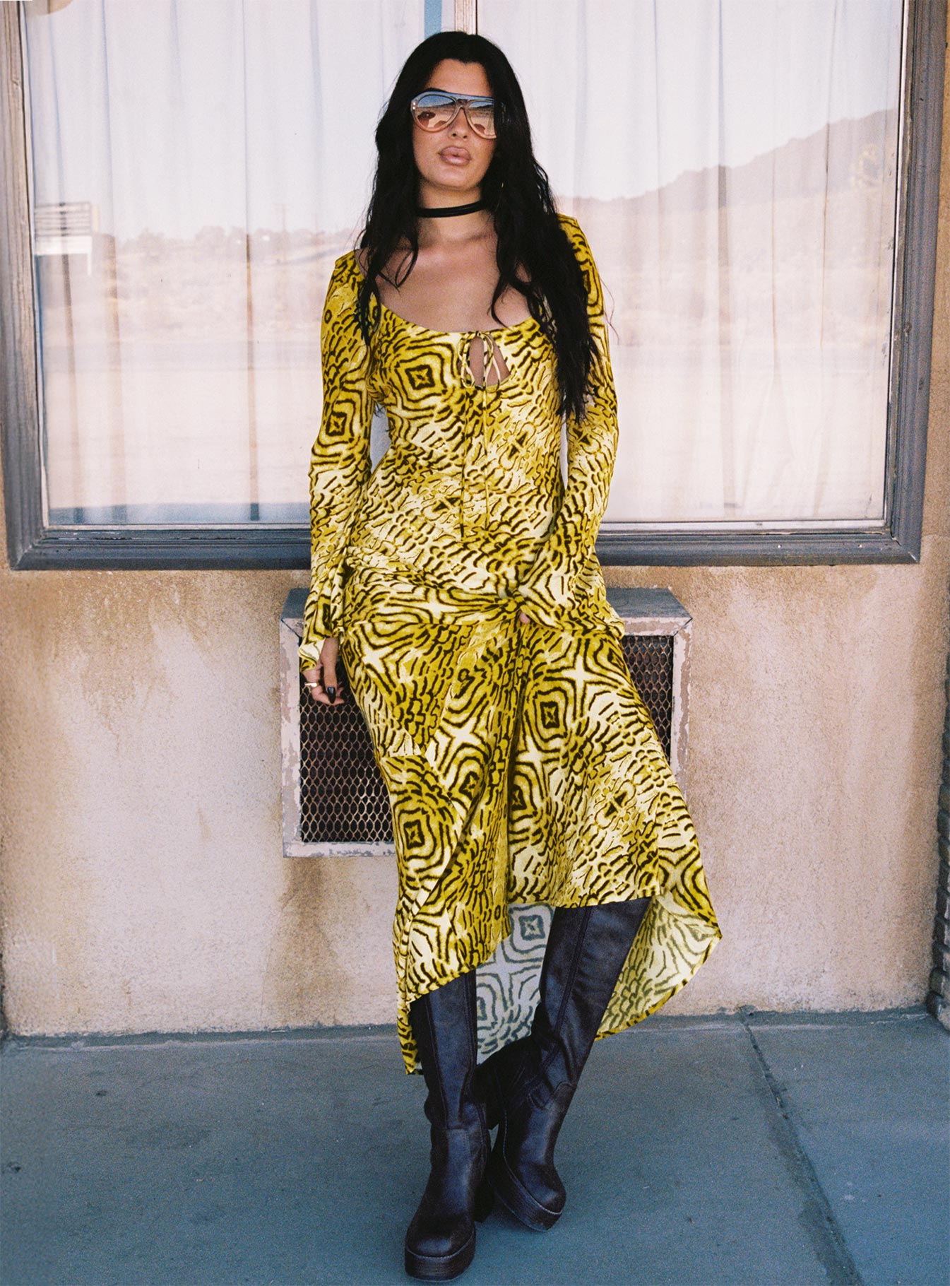 Setting Sun Long Sleeve Maxi Dress Yellow / Black、mySite、solidvoid