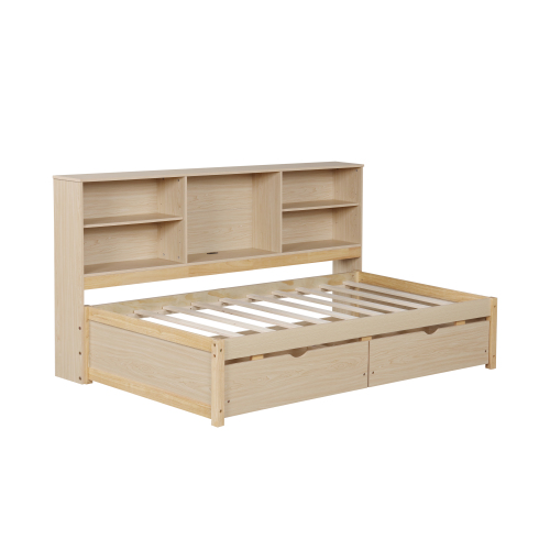 Twin Size Bed Frame With Side Bookshelves, Two Drawers, And Built-in USB Port For Natural Color、、xpatfood