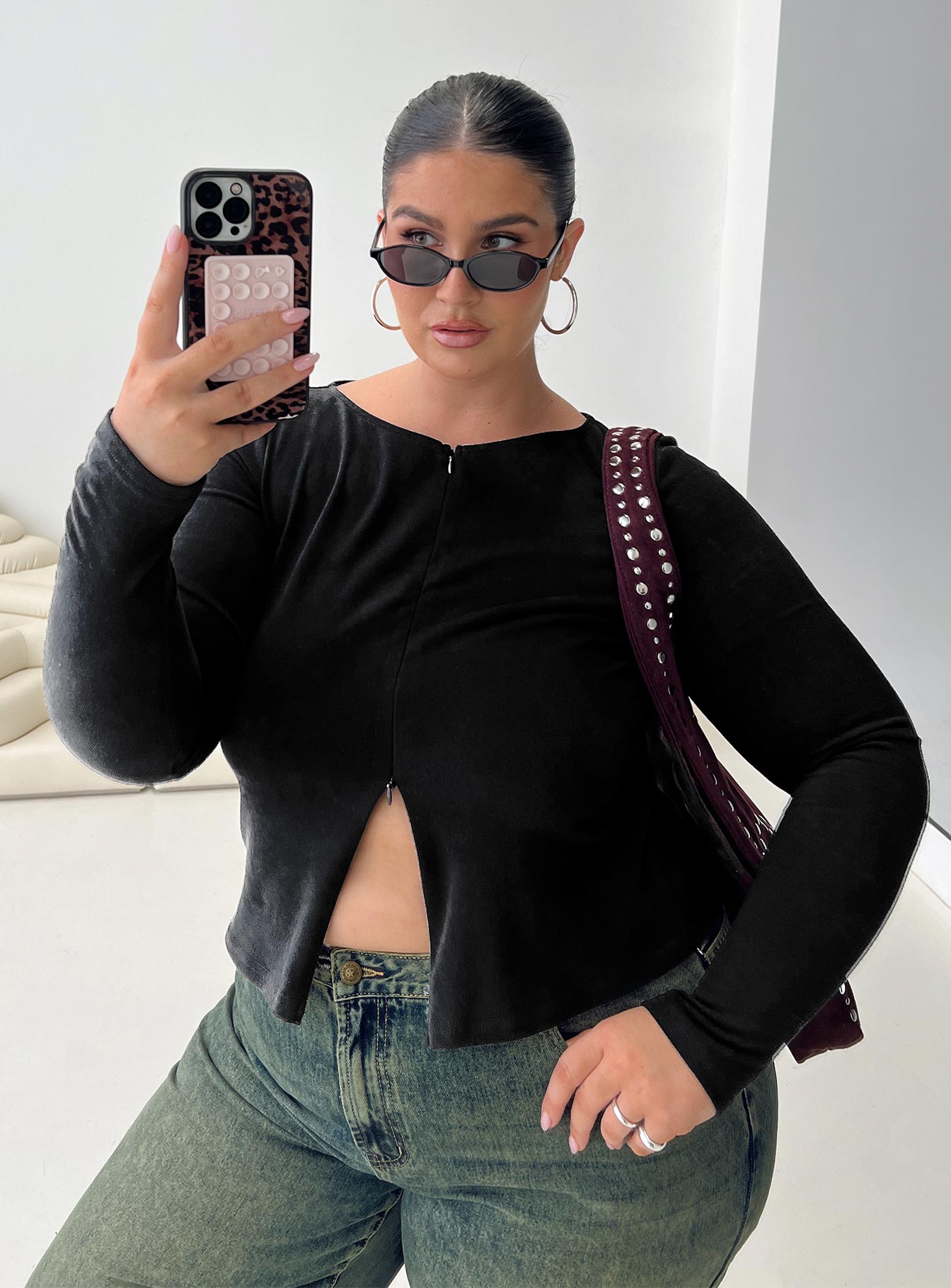 Kortez Long Sleeve Zip Through Top Black Curve、mySite、solidvoid