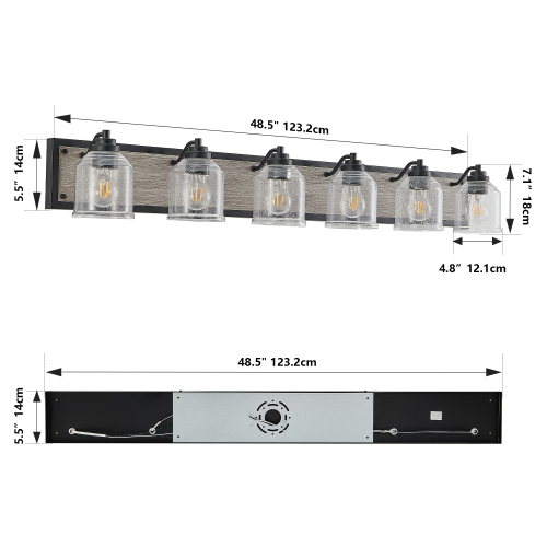 40&quot; Farmhouse Vanity Light Fixture, 5-Light Bathroom Wall Sconce with Clear Seeded Glass Shades, Black and Wood Grain Finish, Modern Industrial Design for Bathroom or Powder Room (No Bulbs)、、eastwooduniform