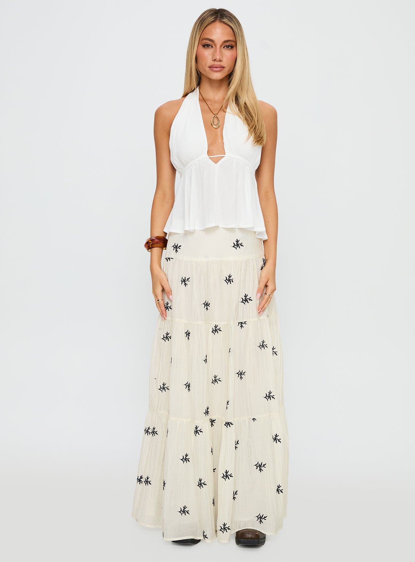 Cinnamon Embroidered Maxi Skirt Cream / Navy、mySite、solidvoid