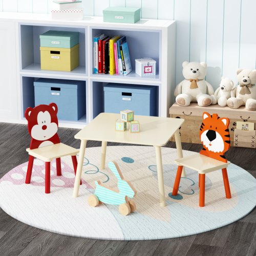 Kids Table and 2 Chairs Set, 3 Pieces Toddler Table and Chair Set, Wooden Activity Play Table Set (Lion&Monkey)、、casual