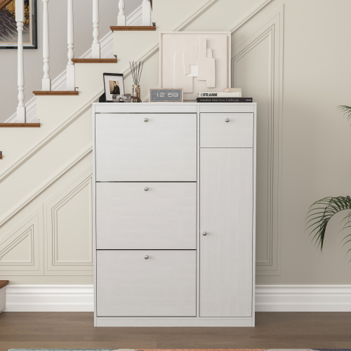 Wooden Shoe Cabinet for Entryway, White Shoe Storage Cabinet with 3 Flip Doors 20.94x9.45x43.11 inch、、casual