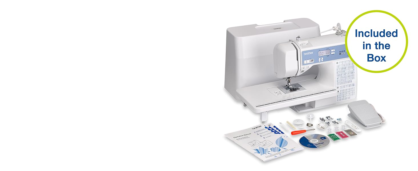 Image of accessories featuring manual, DVD, pedal, feet, bobbins, needles, and more