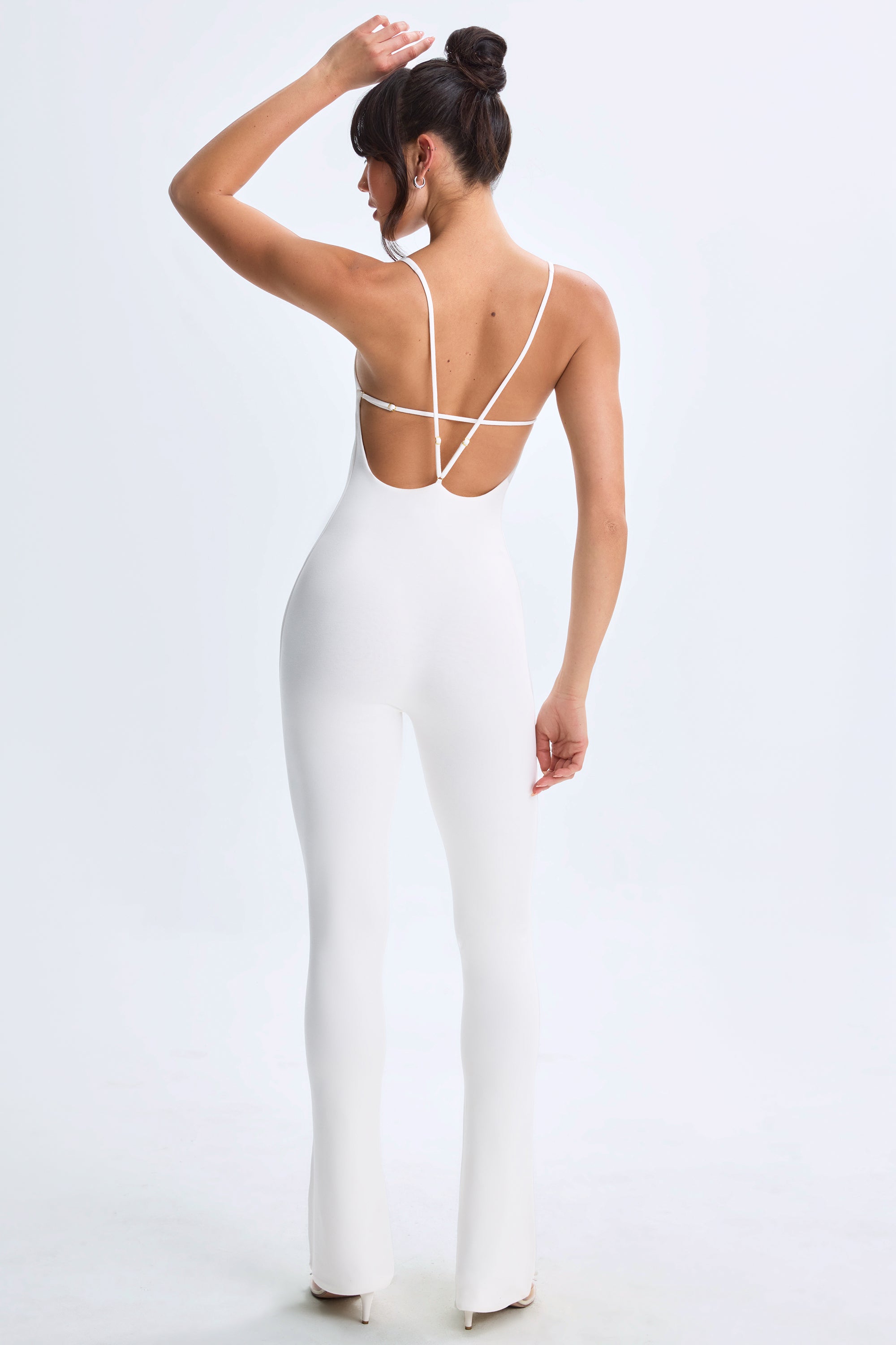Plunge Open-Back Flared Jumpsuit in White、mySite、solidvoid