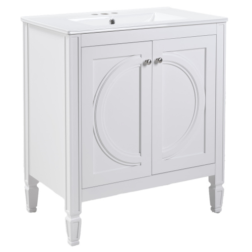 30" No Assembly Needed Vintage White Bathroom Vanity with Ceramic Sink,Two Soft-Close Doors & Adjustable Shelf,Modern Farmhouse Style、、xpatfood