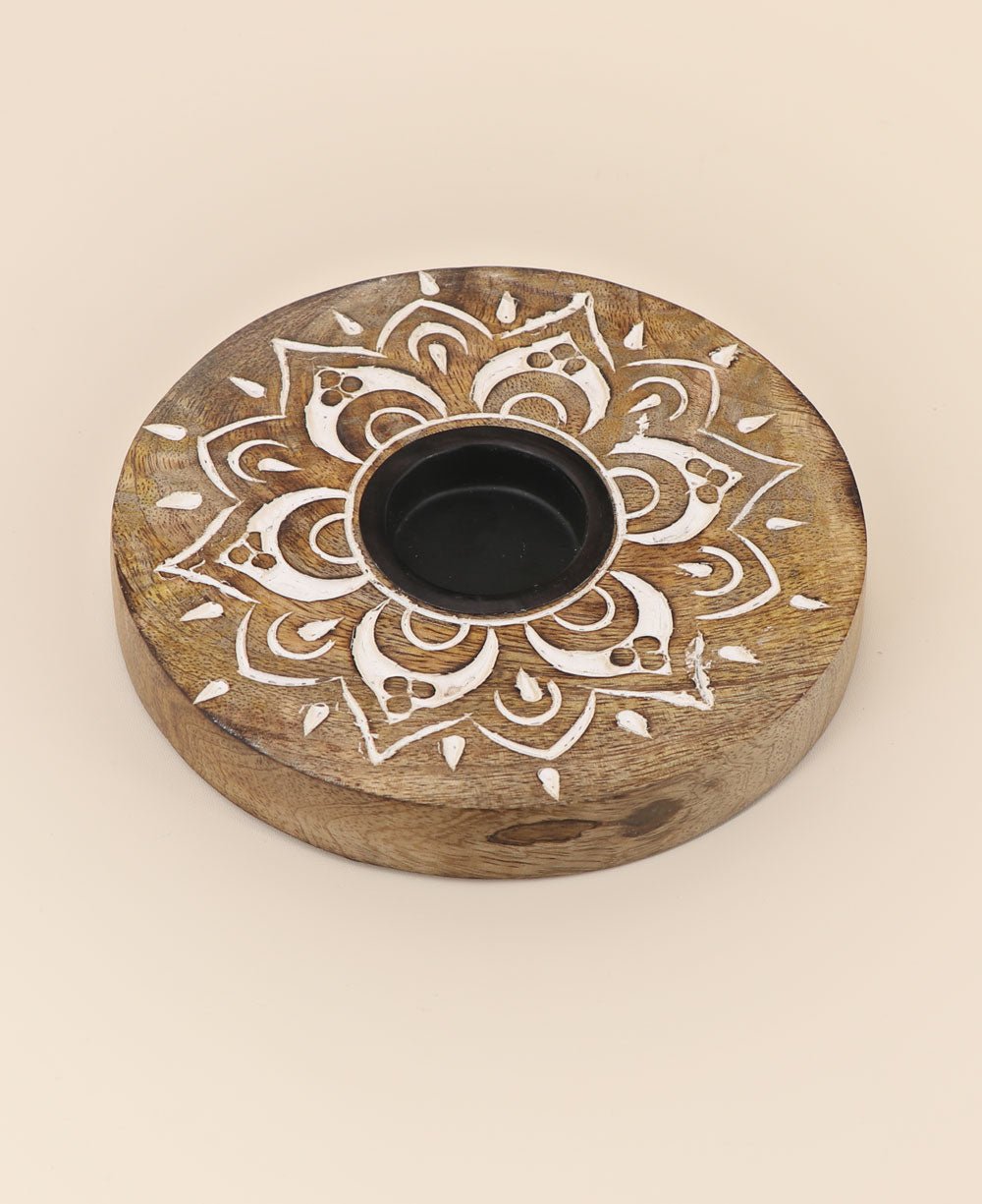 Fairtrade Hand Carved Wood Mandala Design Tea Light Holder、mySite、topwebapps