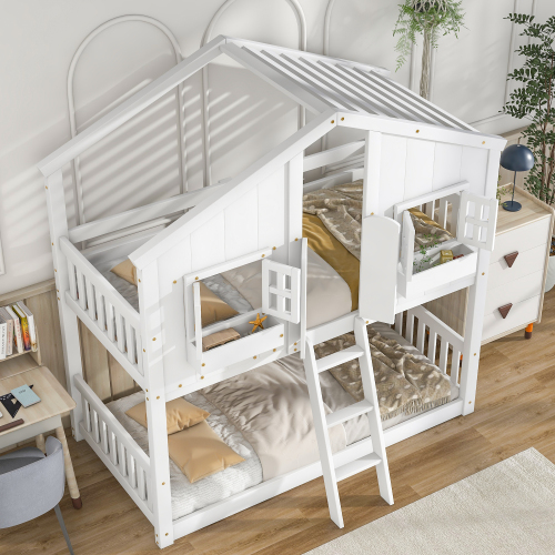 Twin over Twin House Bunk Bed with Roof , Window, Window Box, Door , with Safety Guardrails and Ladder,White、、casual