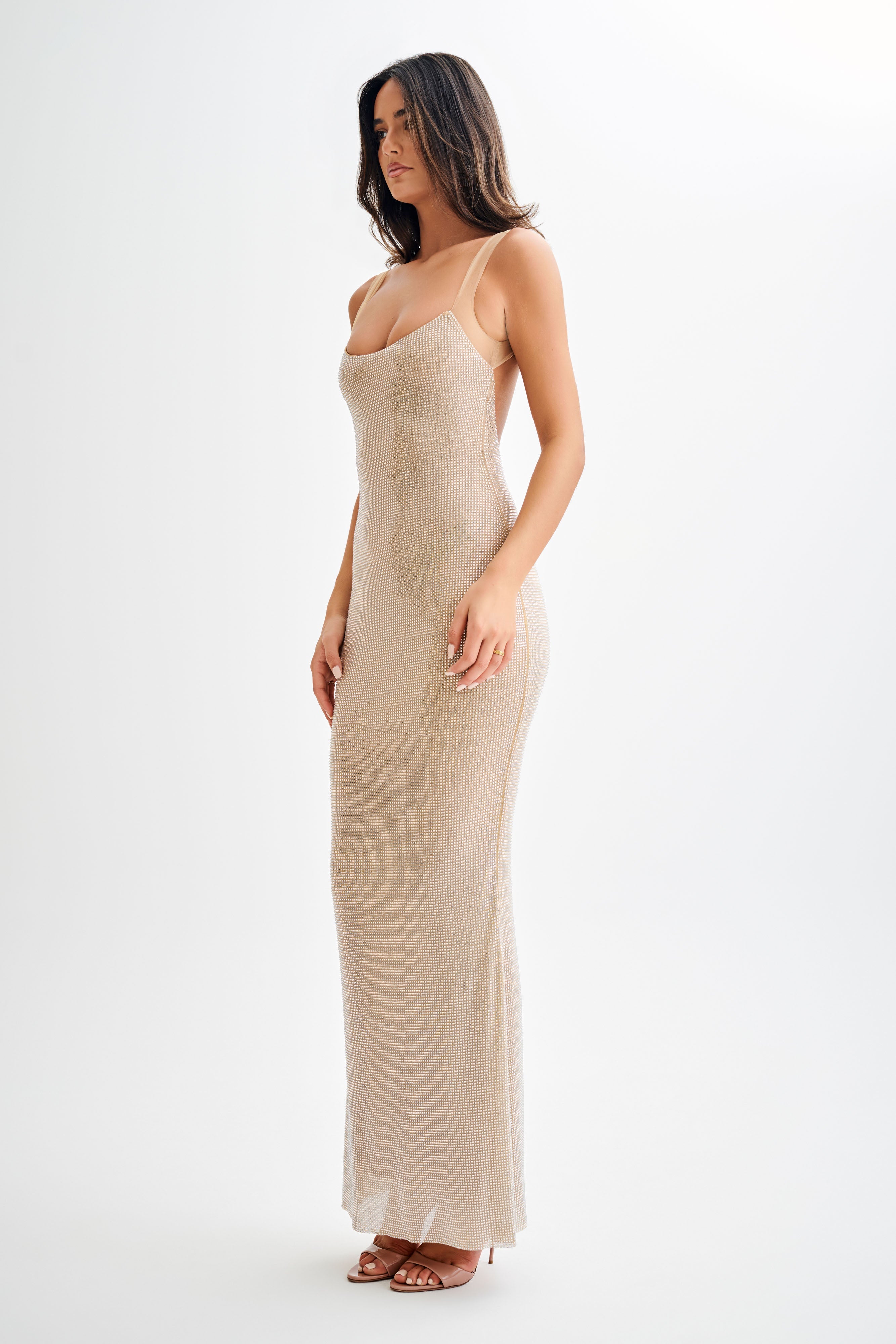 Jasmyn Hot Fix Maxi Dress With Mesh Back - Nude、mySite、solidvoid