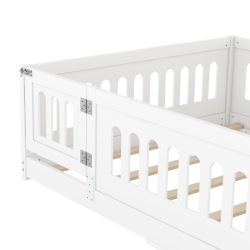 Twin Size Floor Bed with Heightened Safety Guardrails and Door, Solid Wood Bedframe with Rails for Girls, Boys, Teens, Child Bedroom, Kids Playroom, No Slats Included, White、、casual
