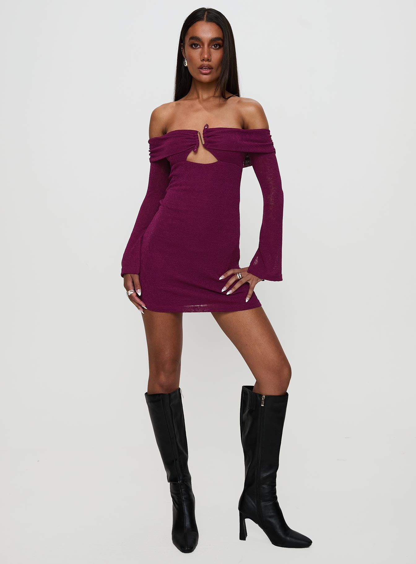 Firenza Long Sleeve Mini Dress Purple、mySite、solidvoid