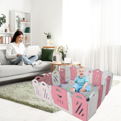 16+2 Panel Baby Playpen, Foldable Playard for Baby and Kids, Adjustable Shape Play Fence with Safety Lock Gate (Pink+White,16+2 Panel)、、casual