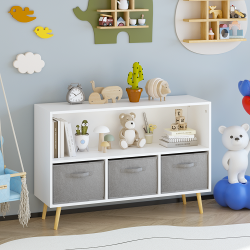 Kids bookcase with Collapsible Fabric Drawers, Children's Book Display, Toy Storage Cabinet Organizer, White/Gray、、casual