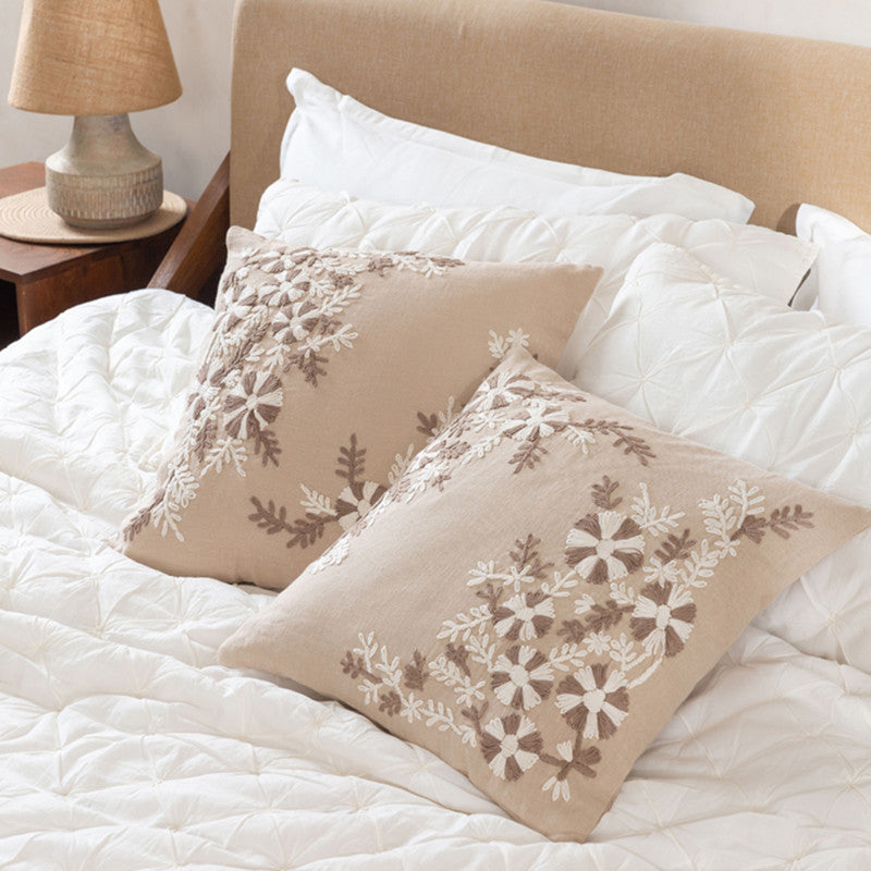 Linen Blossom Stitch Cushion Cover | Beige | 45 x 45 cm、mySite、camillekostekn