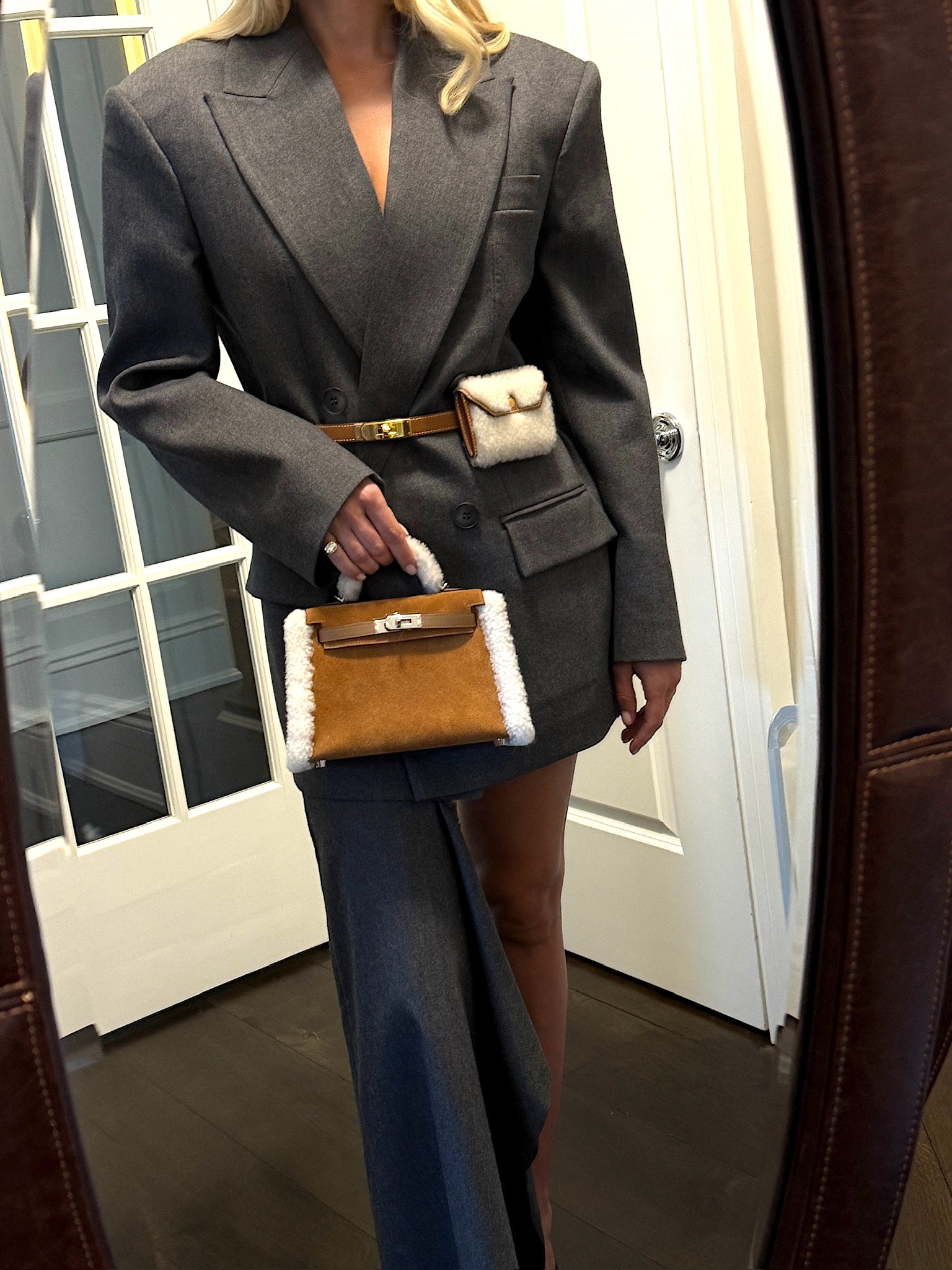 Hermès Teddy Mini Kelly 20 Chamois Grizzly, Alezan Swift and Ecru Mouton Shearling Palladium、mySite、garminoutage.com