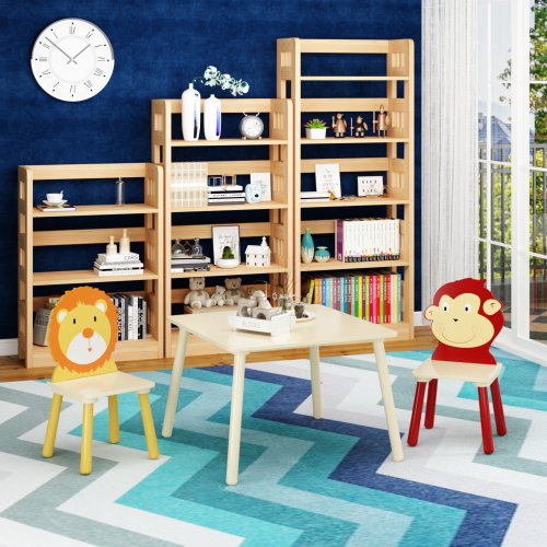 Kids Table and 2 Chairs Set, 3 Pieces Toddler Table and Chair Set, Wooden Activity Play Table Set (Lion&Monkey)、、casual