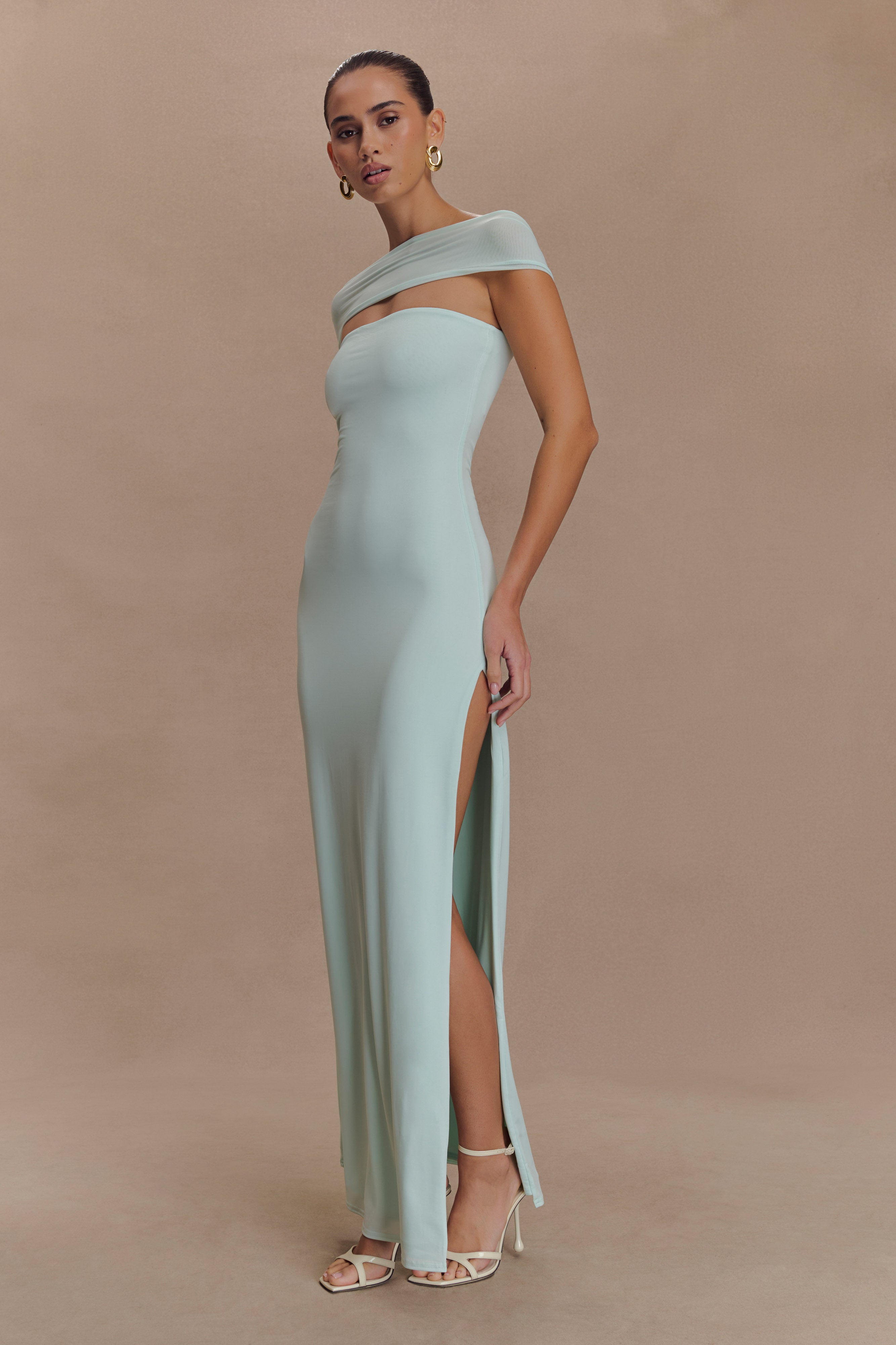 Aurora Slinky And Mesh Split Maxi Dress - Lagoon、mySite、solidvoid