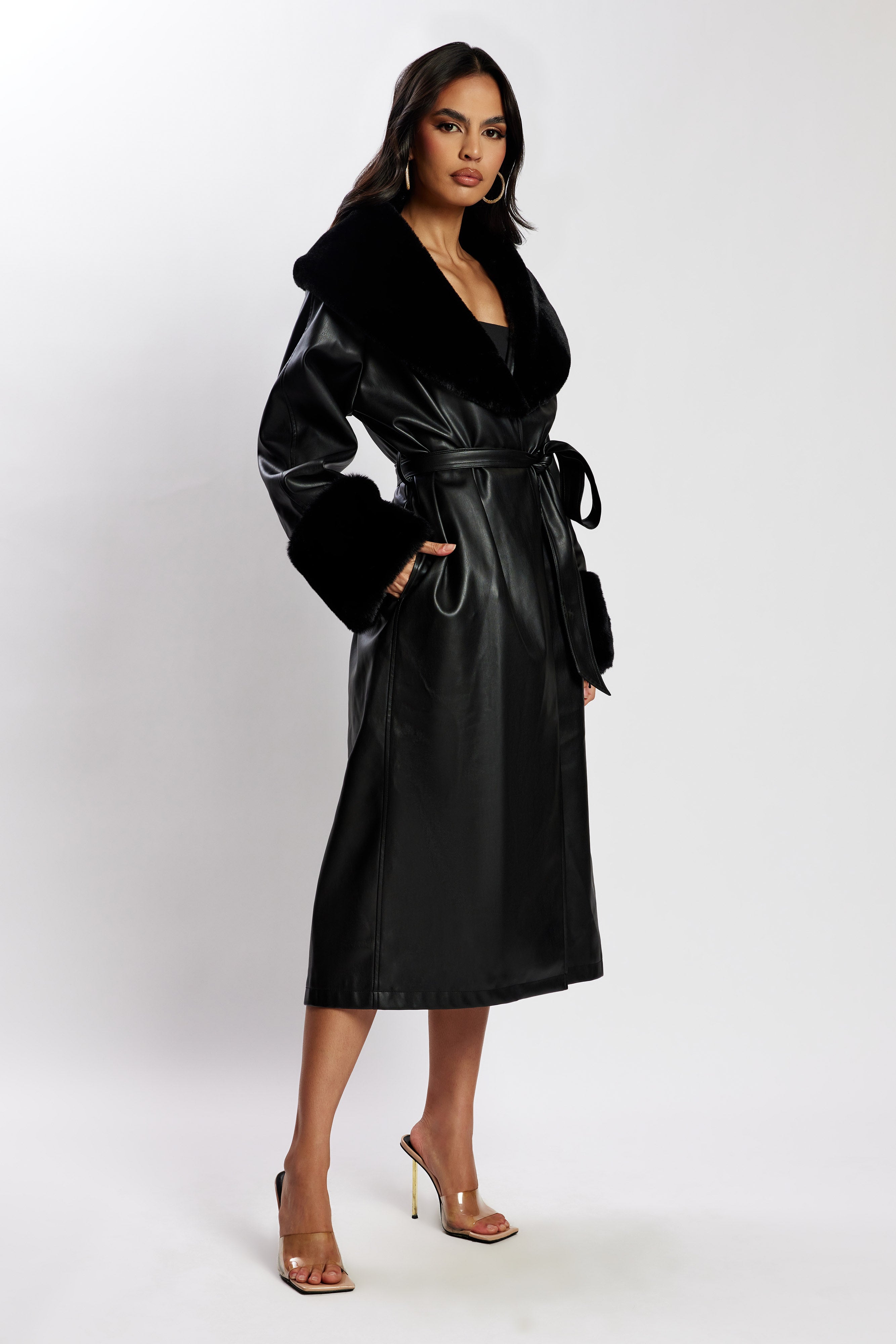 Rebekah Oversized Pu Trench Coat With Fur Trim - Black、mySite、solidvoid