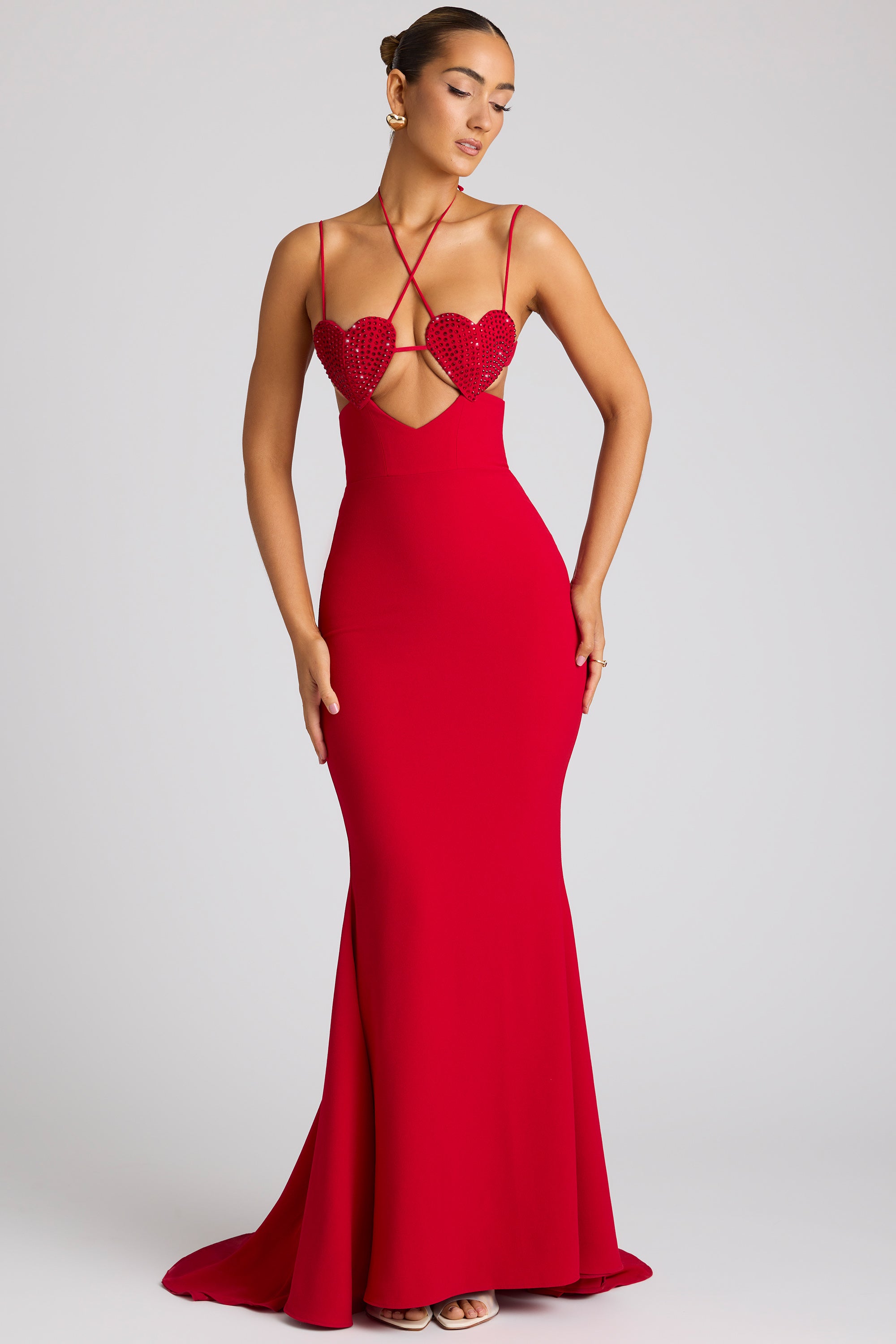 Embellished Heart Cup Detail Evening Gown in Fire Red、mySite、solidvoid