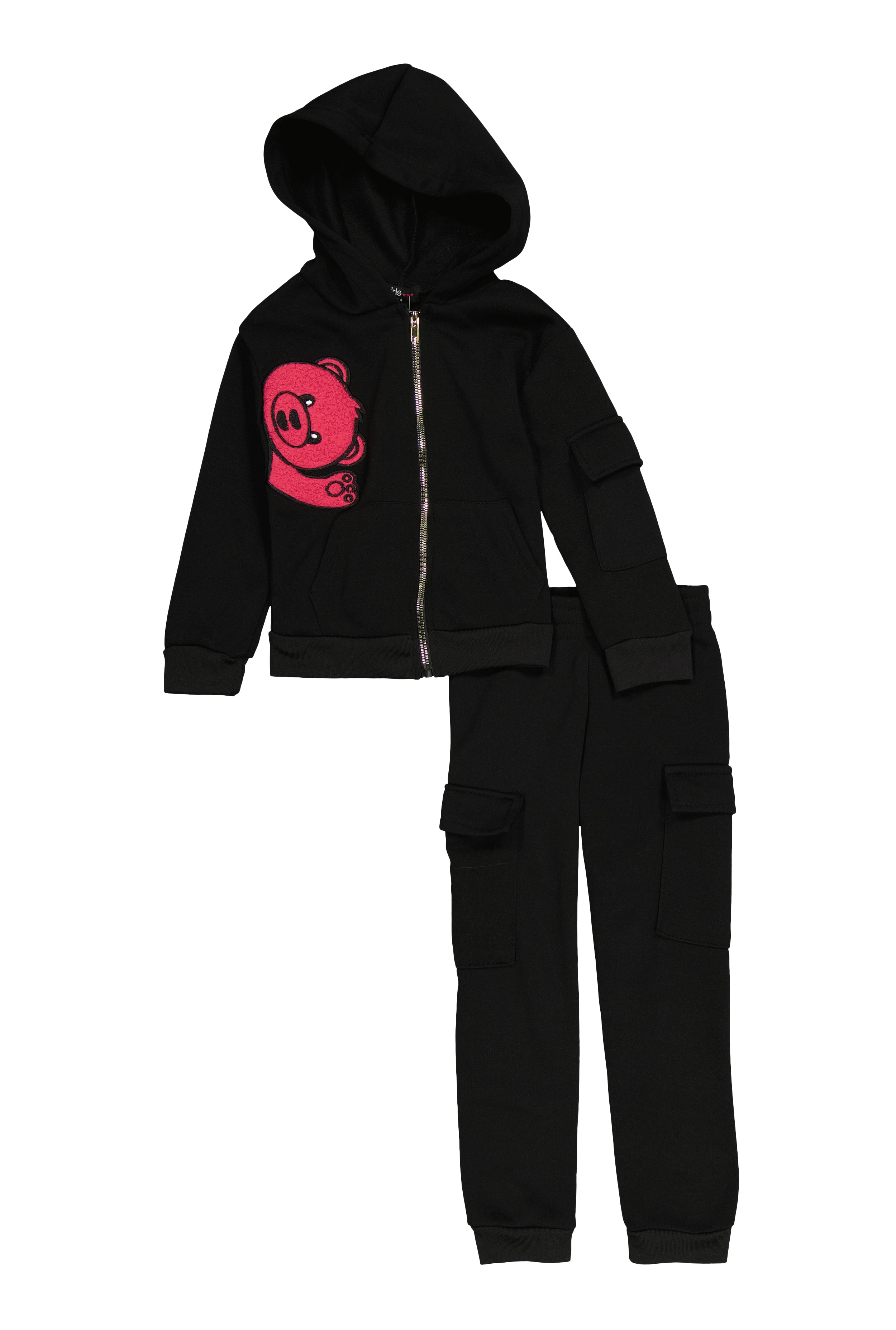 Little Girls Bear Chenille Patch Zip Up Hoodie and Cargo Joggers、mySite、camillekostekn