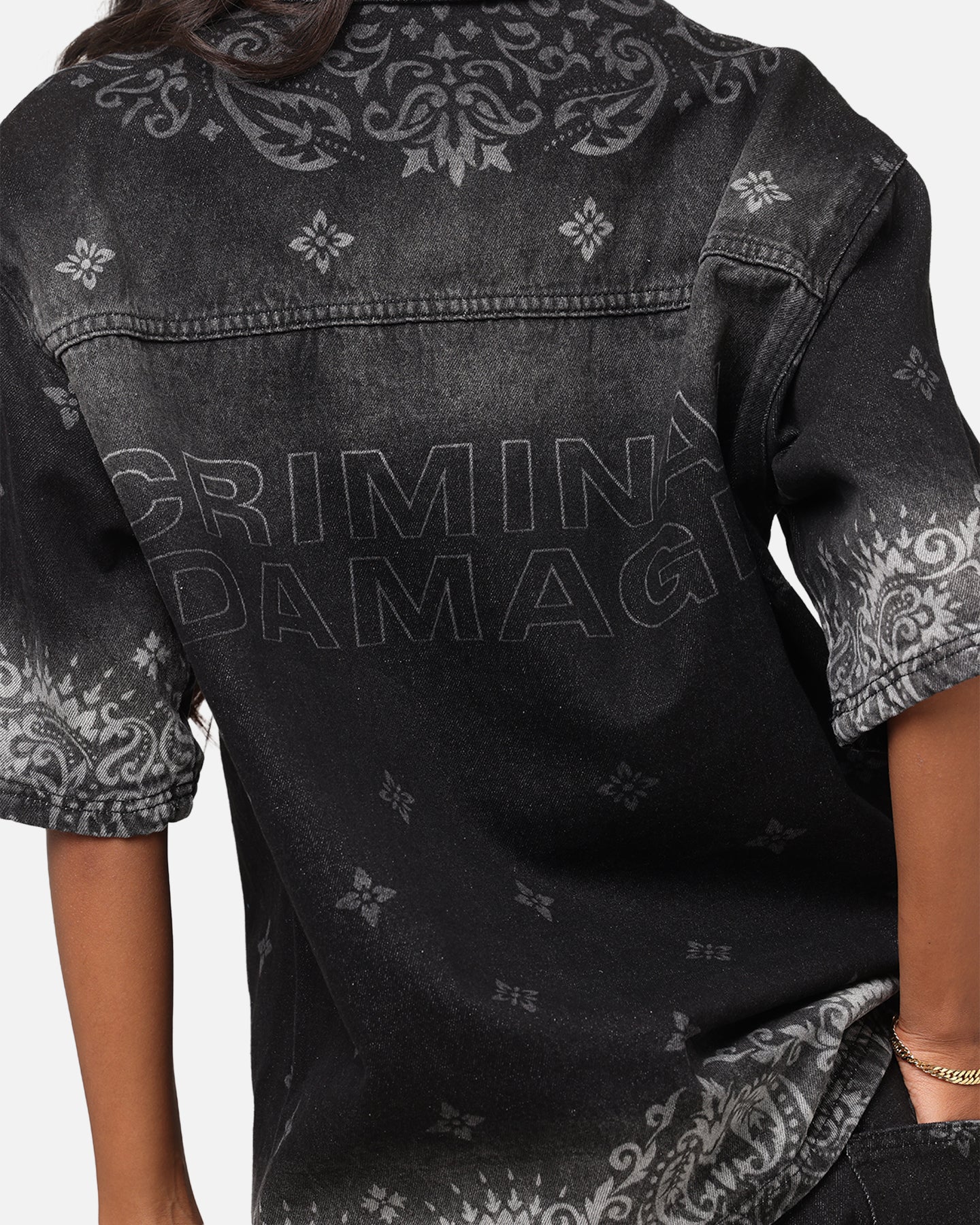 Criminal Damage Laser Print Denim Button Up Shirt Washed Black、mySite、zt4zffjzw