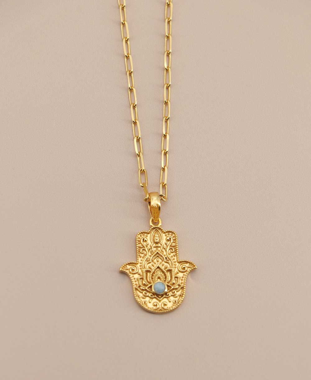 Divine Protection Hamsa Hand Necklace With Larimar Gemstone、mySite、topwebapps