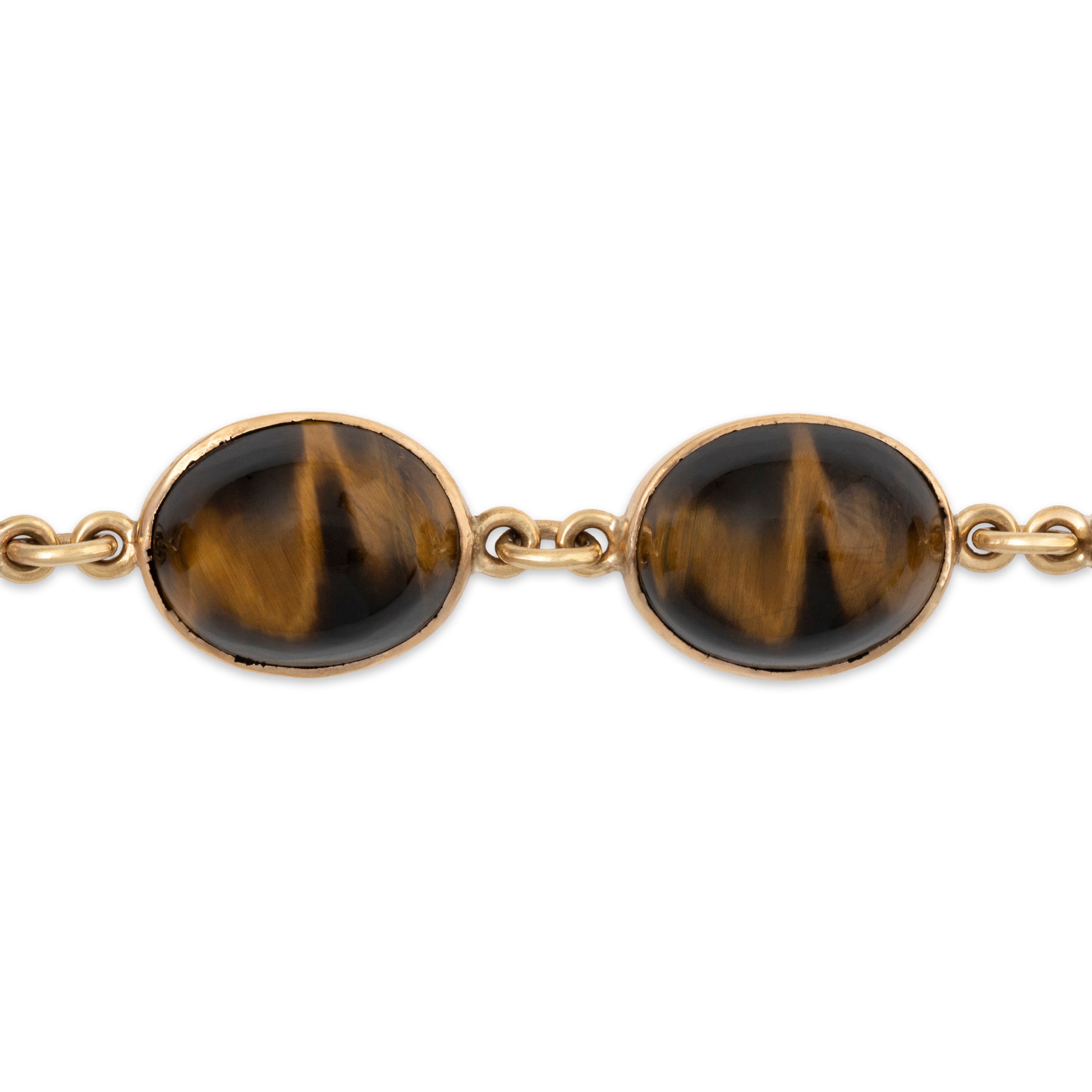Vintage English 9k Yellow Gold 56cttw Tiger Eye Oval Link Bracelet 6.5、mySite、hinf8tx79