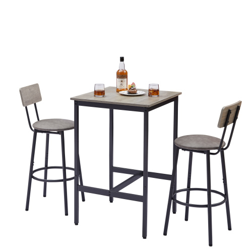 Bar Table Set with 2 Bar stools PU Soft seat with backrest, Grey, 23.62'' W x 23.62'' D x 35.43'' H、、casual