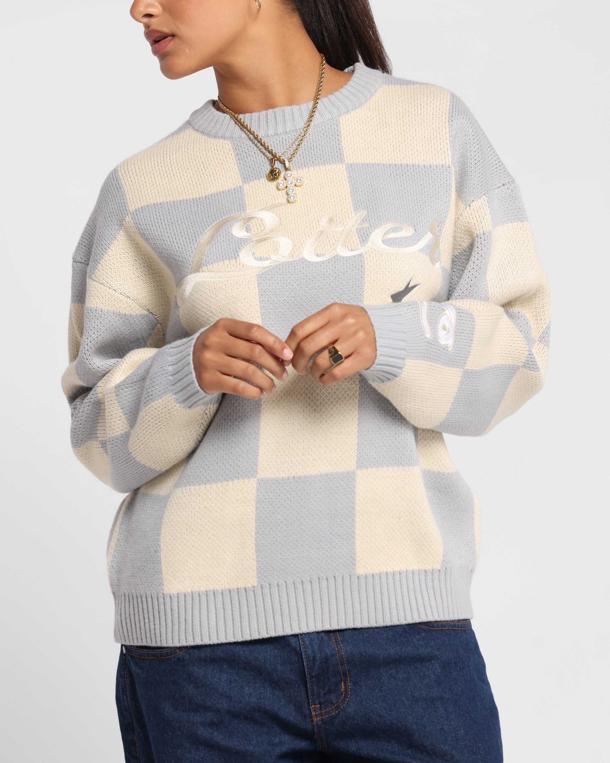 Loiter Checker Knit Sweater Grey/Off White、mySite、zt4zffjzw