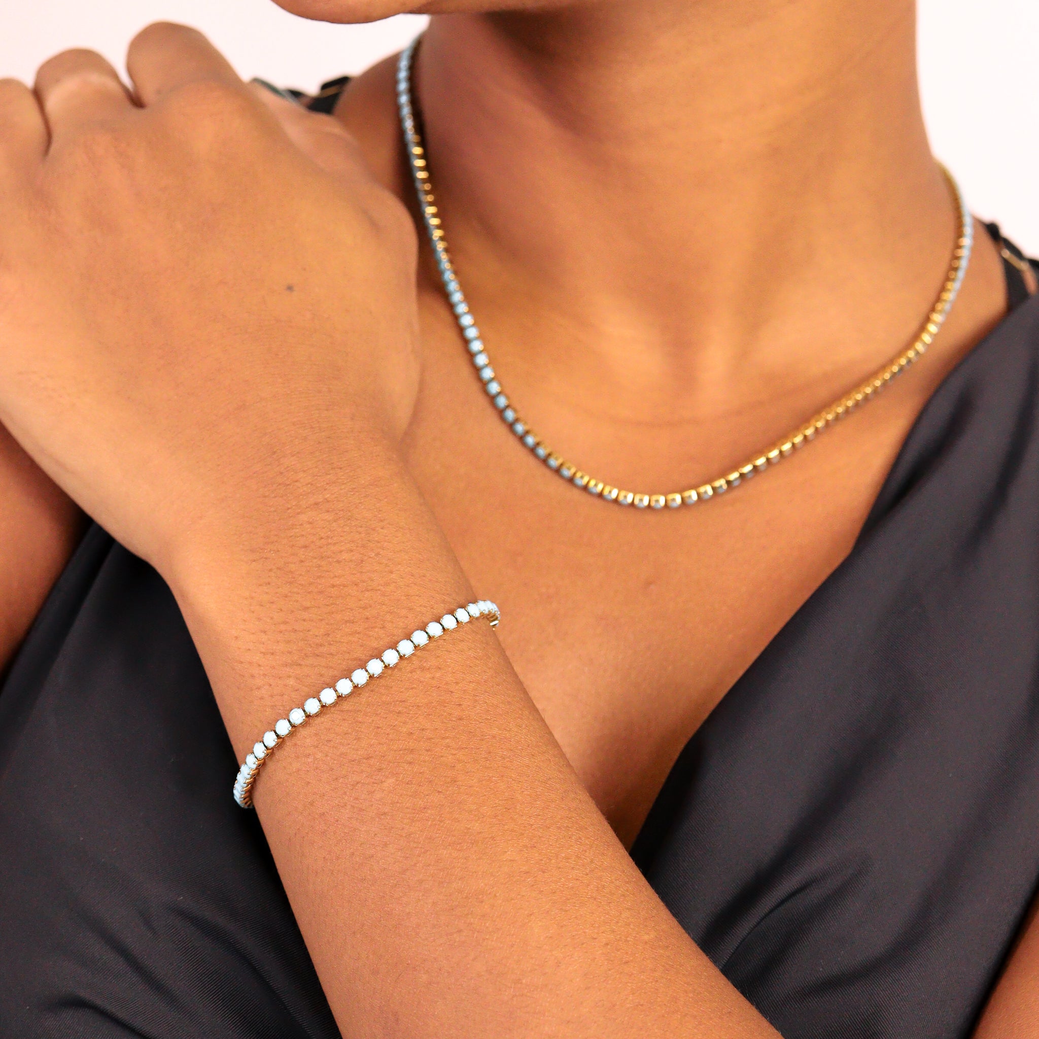 18K Gold PVD Stainless Steel Turquoise Rhinestone Tennis Chain Bracelet / TBR0006、mySite、dreamappss