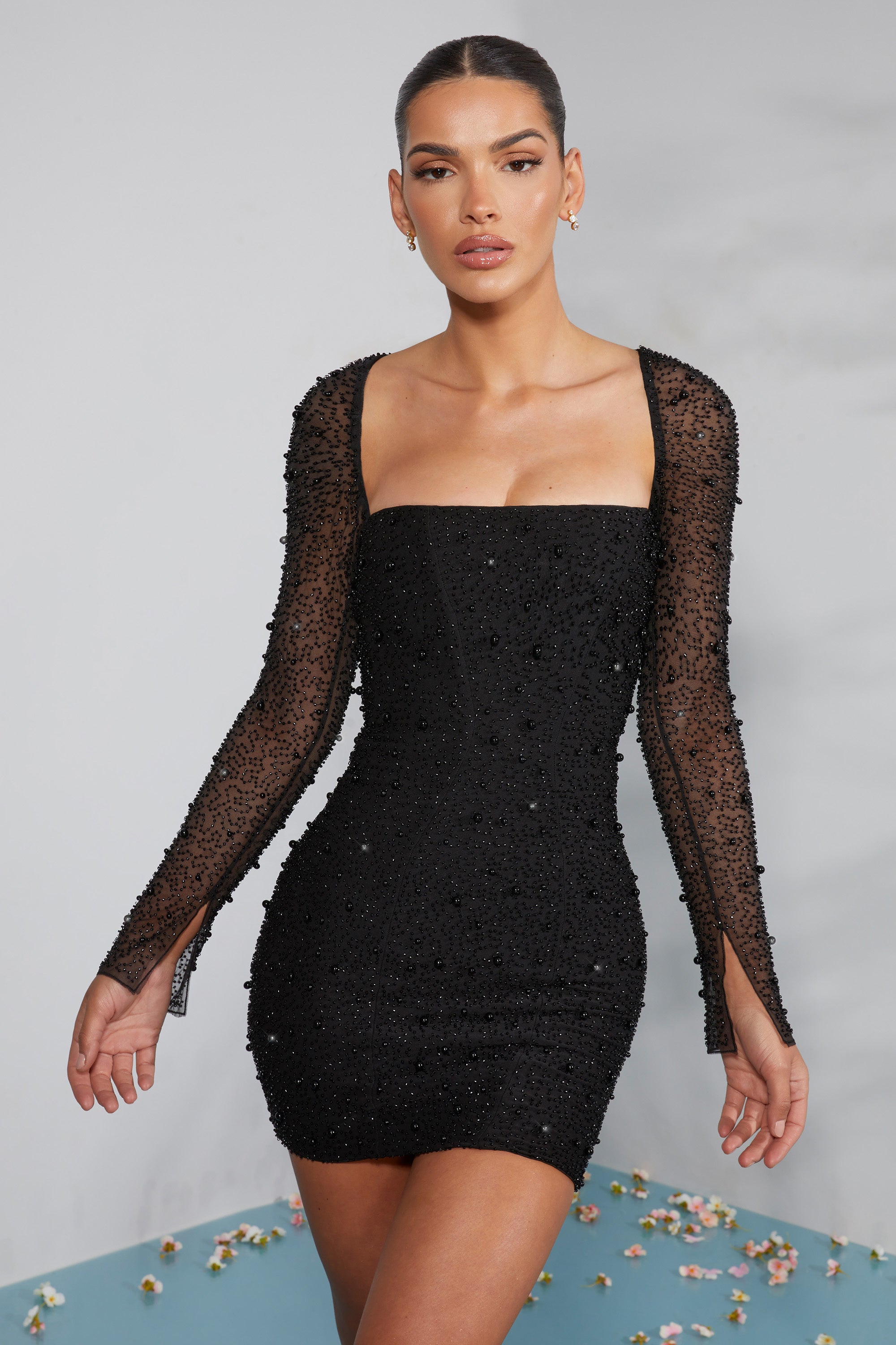 Long Sleeve Embellished Corset Mini Dress in Black、mySite、solidvoid