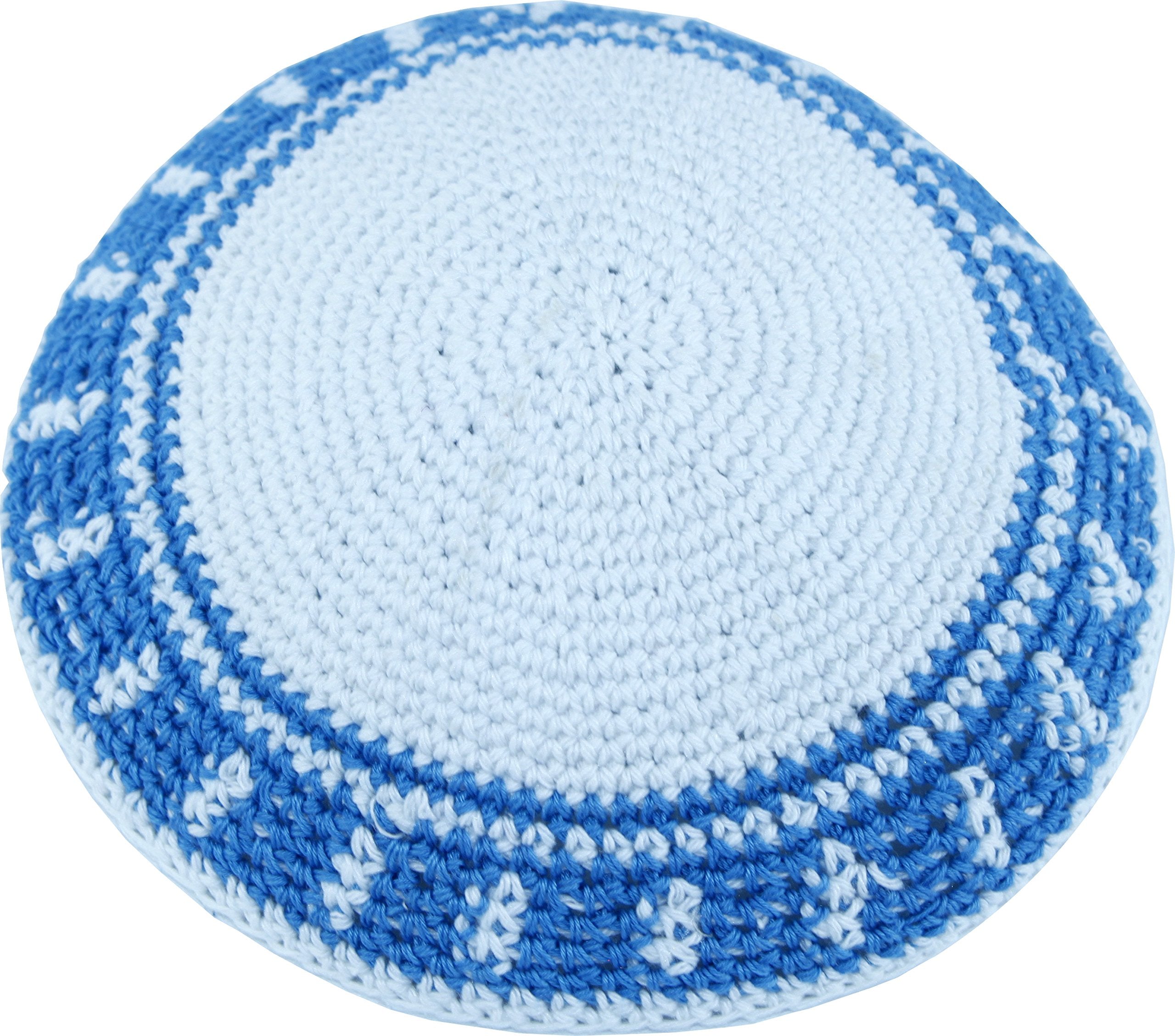  Holy Land Market White/Sky Blue 17cm DMC 100% Knitted Cotton Kippah Torah Chabad Cap Jewish、mySite、elrpsem3k