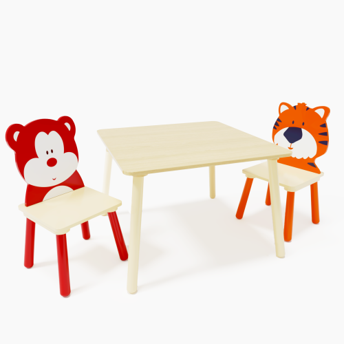 Kids Table and 2 Chairs Set, 3 Pieces Toddler Table and Chair Set, Wooden Activity Play Table Set (Lion&Monkey)、、casual